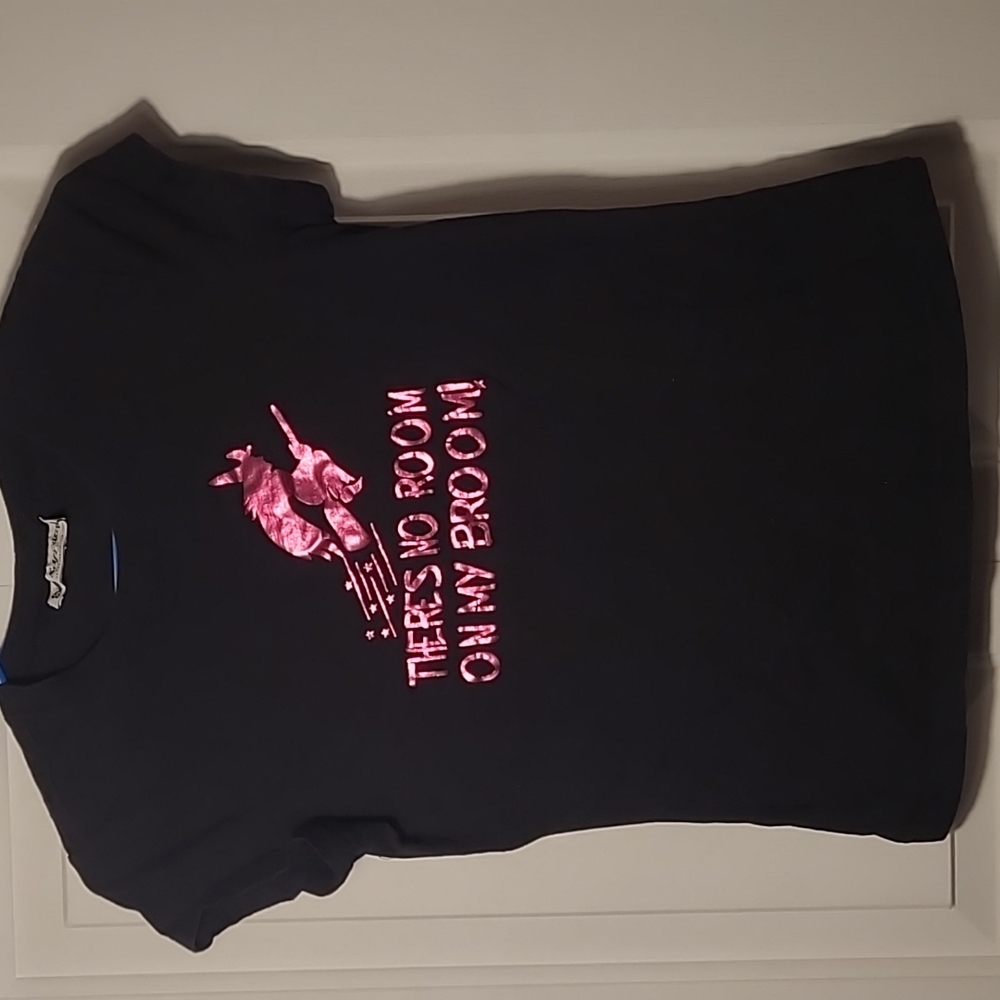 Self Esteem Girls Medium metallic Witch no room on my broom Halloween Tshirt